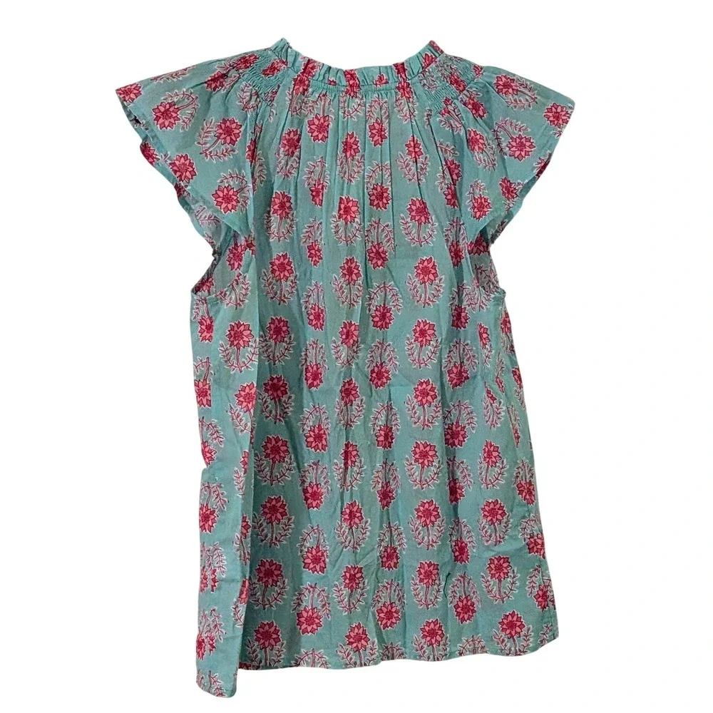 J. Crew Aqua Pink Floral Smocked‎ Flutter Sleeve V-Neck Blouse Top XS NWT $80